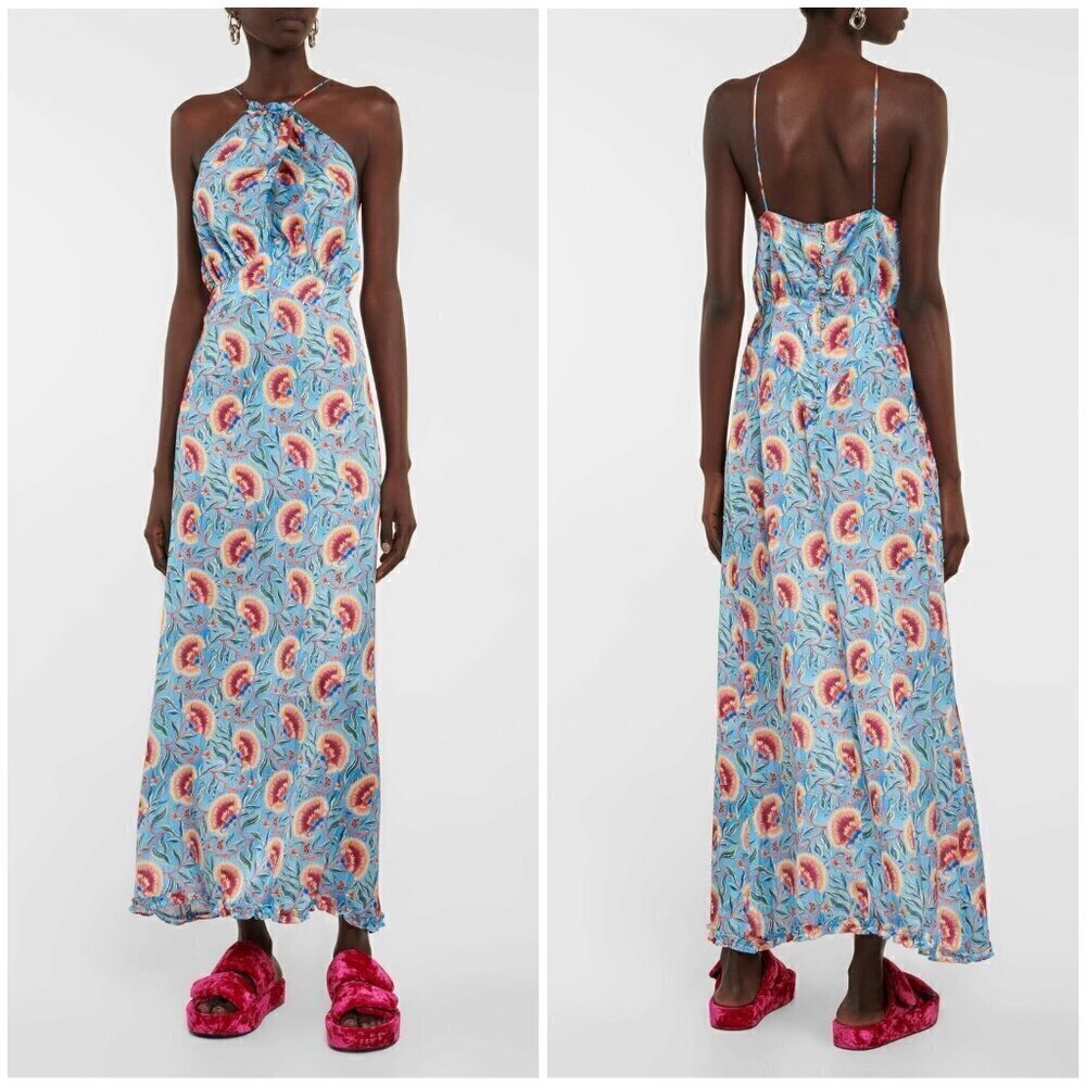 💕PACO RABANNE💕 Floral Halterneck Maxi Dress Blue Indian Flower Print EU 46 NWT